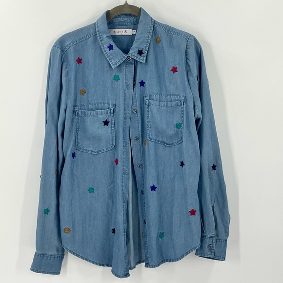 Billy T Tops - Billy T denim button shirt with embroidered stars. Size small. Gently used.